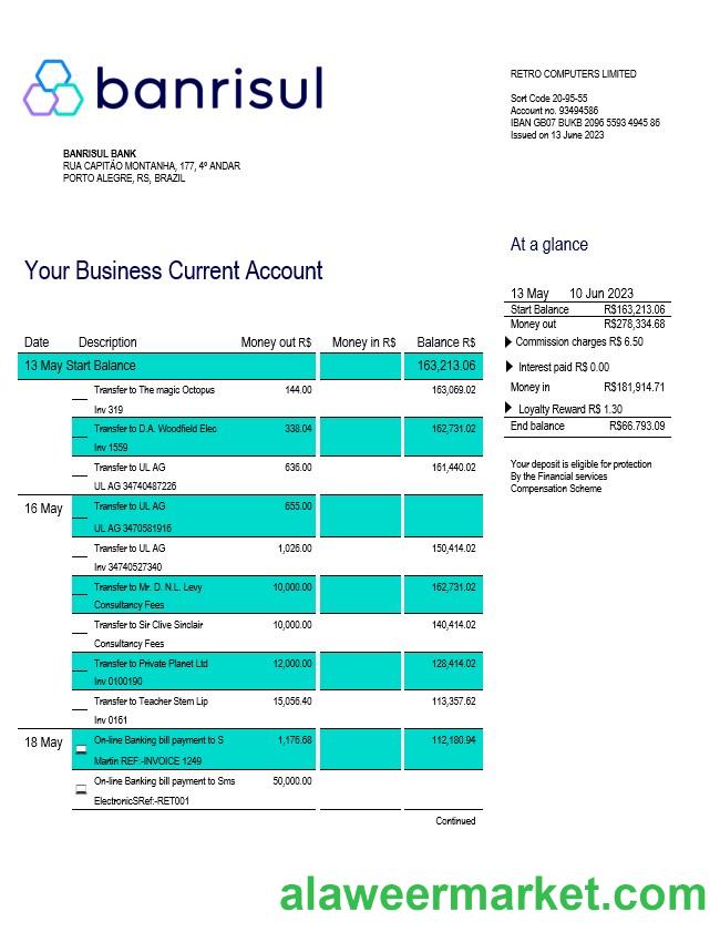 Banrisul Bank Business statement Word and PDF template